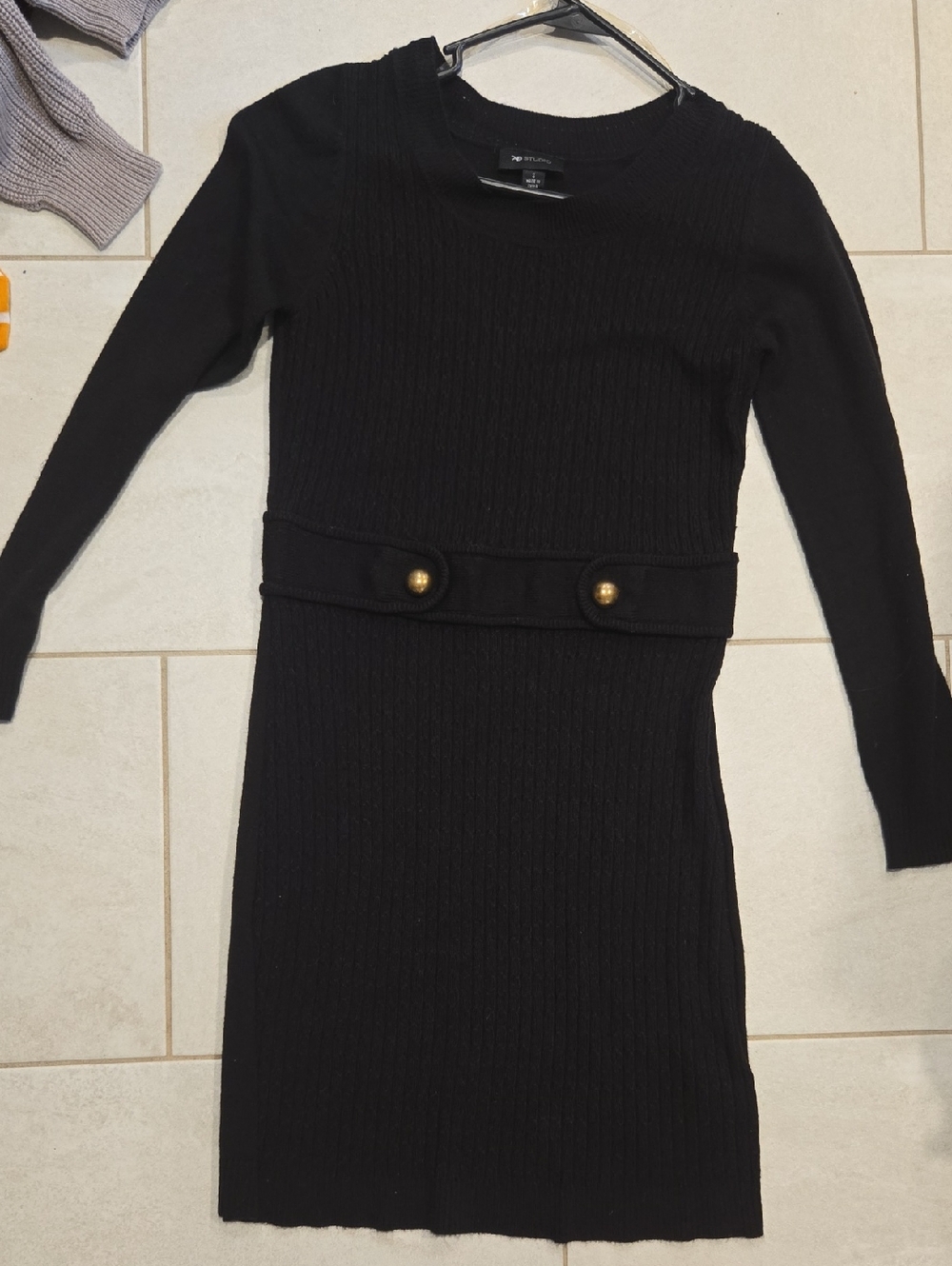 Black Long-Sleeve Ribbed Knit Dress with Decorative Waist Buttons